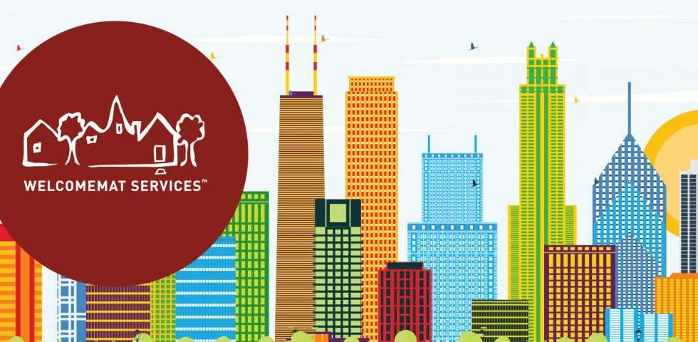 cartoon of Chicago skyline and Welcomemat logo